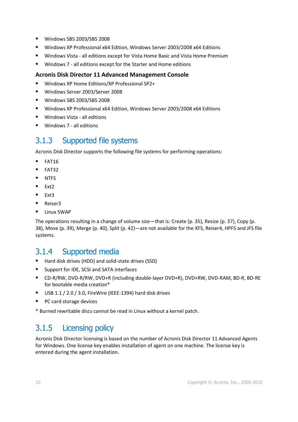 3 supported file systems, 4 supported media, 5 licensing policy | Supported file systems, Supported media, Licensing policy | Acronis Disk Director 11 Advanced Server - User Guide User Manual | Page 10 / 95