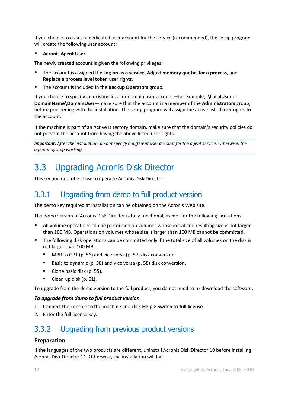 3 upgrading acronis disk director, 1 upgrading from demo to full product version, 2 upgrading from previous product versions | Upgrading acronis disk director, Upgrading from demo to full product version, Upgrading from previous product versions | Acronis Disk Director 11 Advanced Server - User Guide User Manual | Page 12 / 95