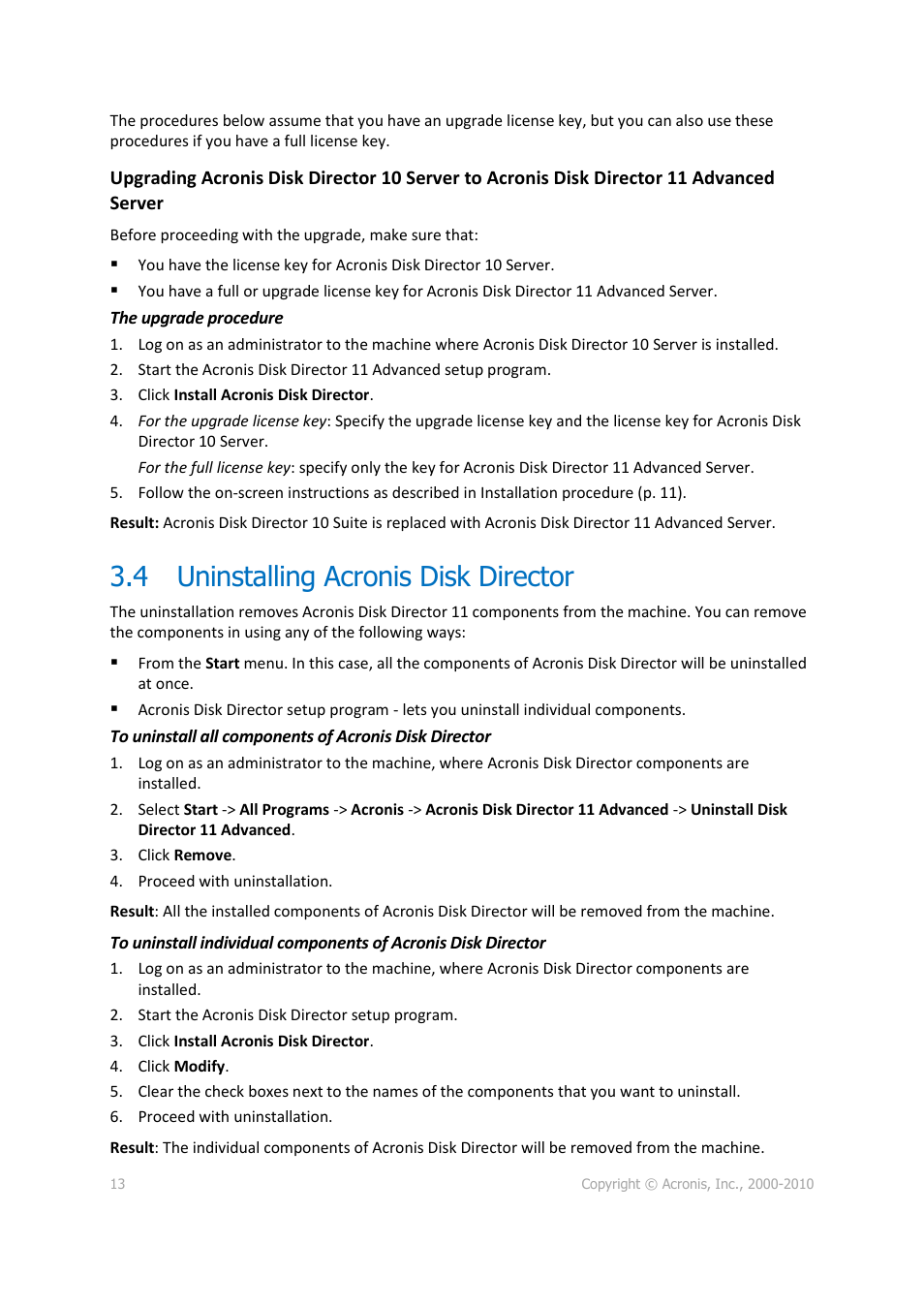 4 uninstalling acronis disk director, Uninstalling acronis disk director | Acronis Disk Director 11 Advanced Server - User Guide User Manual | Page 13 / 95