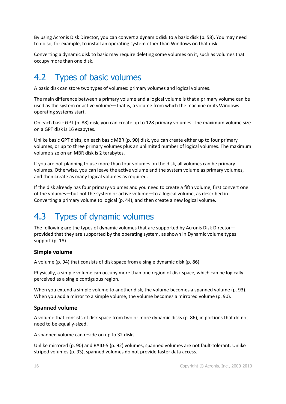 2 types of basic volumes, 3 types of dynamic volumes, Types of basic volumes | Types of dynamic volumes | Acronis Disk Director 11 Advanced Server - User Guide User Manual | Page 16 / 95