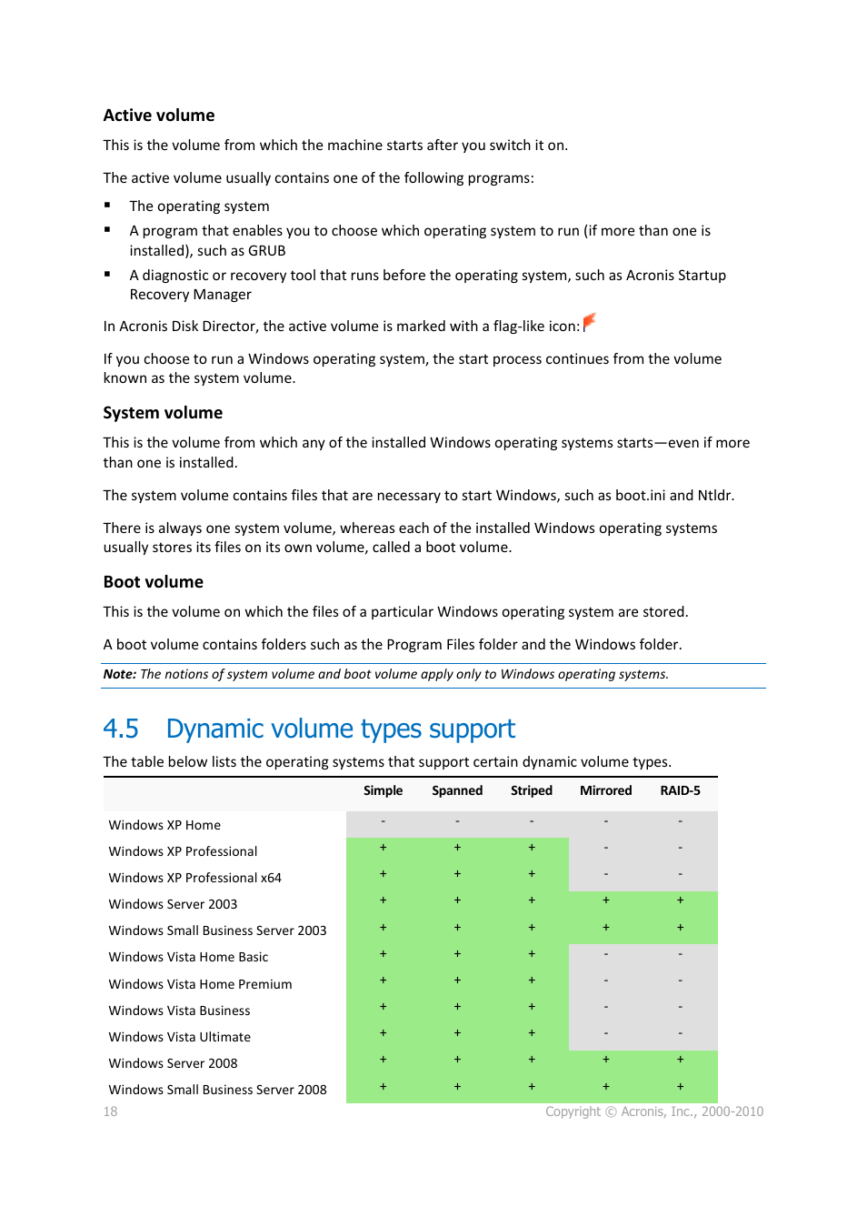 5 dynamic volume types support, Dynamic volume types support, P. 18) | Active volume, System volume, Boot volume | Acronis Disk Director 11 Advanced Server - User Guide User Manual | Page 18 / 95