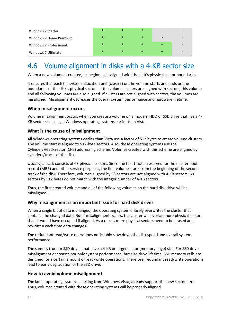 Volume alignment in disks with a 4-kb sector size, When misalignment occurs, What is the cause of misalignment | How to avoid volume misalignment | Acronis Disk Director 11 Advanced Server - User Guide User Manual | Page 19 / 95