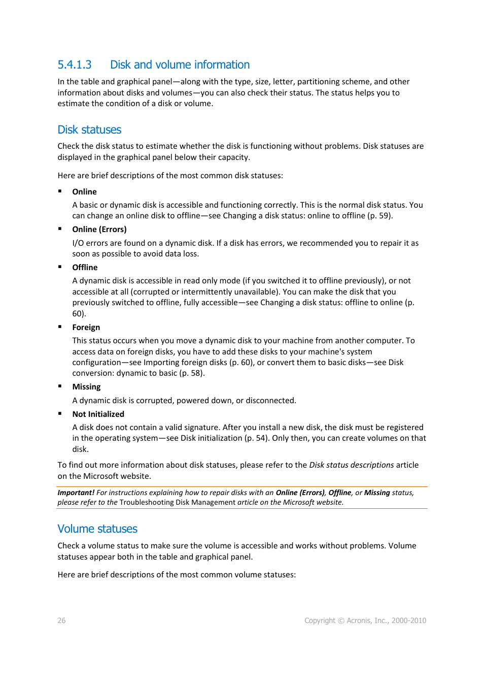 3 disk and volume information, Disk statuses, Volume statuses | Acronis Disk Director 11 Advanced Server - User Guide User Manual | Page 26 / 95