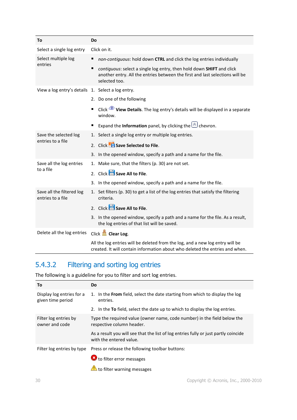 2 filtering and sorting log entries | Acronis Disk Director 11 Advanced Server - User Guide User Manual | Page 30 / 95