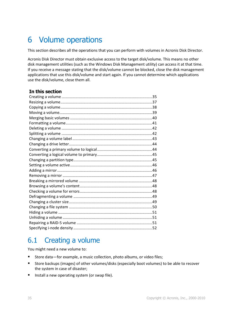 6 volume operations, 1 creating a volume, Volume operations | Creating a volume, P. 35) | Acronis Disk Director 11 Advanced Server - User Guide User Manual | Page 35 / 95