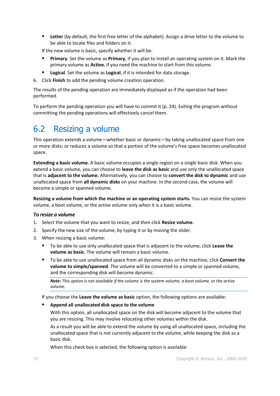 2 resizing a volume, Resizing a volume, P. 37) | Acronis Disk Director 11 Advanced Server - User Guide User Manual | Page 37 / 95