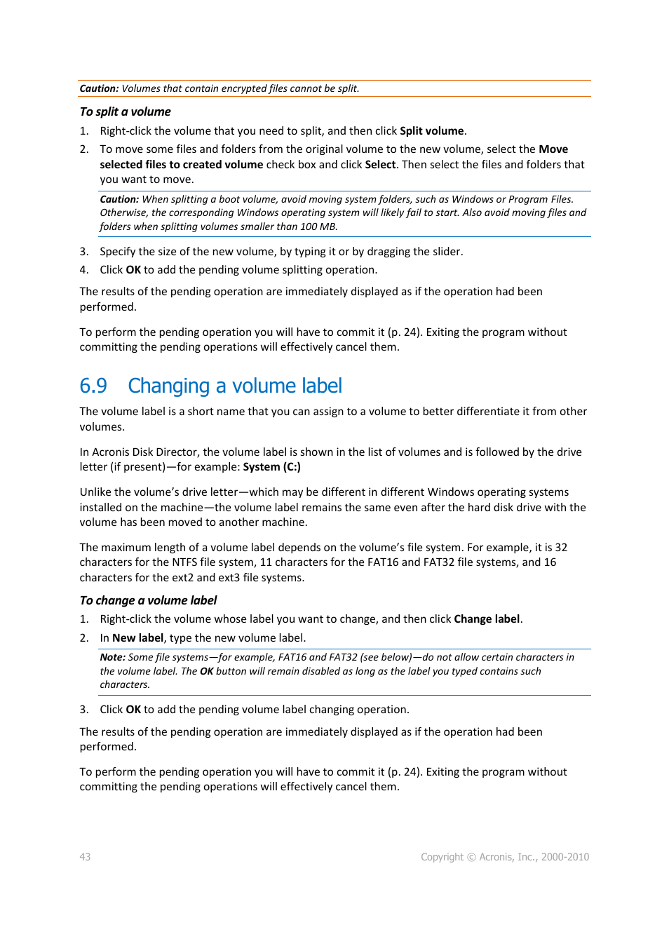 9 changing a volume label, Changing a volume label | Acronis Disk Director 11 Advanced Server - User Guide User Manual | Page 43 / 95