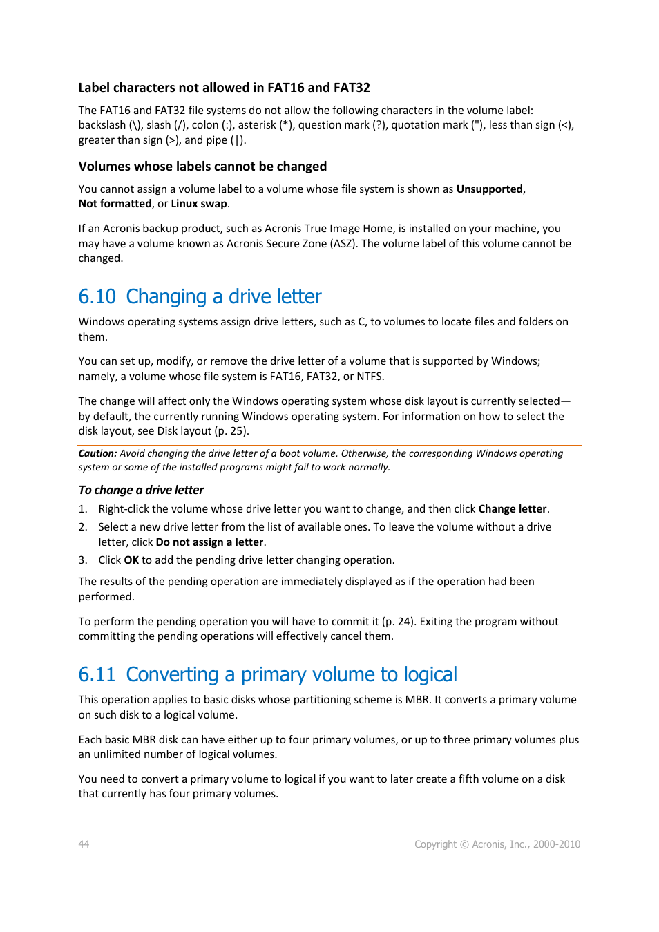 10 changing a drive letter, 11 converting a primary volume to logical, P. 44) | Changing a drive letter, Converting a primary volume to logical, 44). thi | Acronis Disk Director 11 Advanced Server - User Guide User Manual | Page 44 / 95