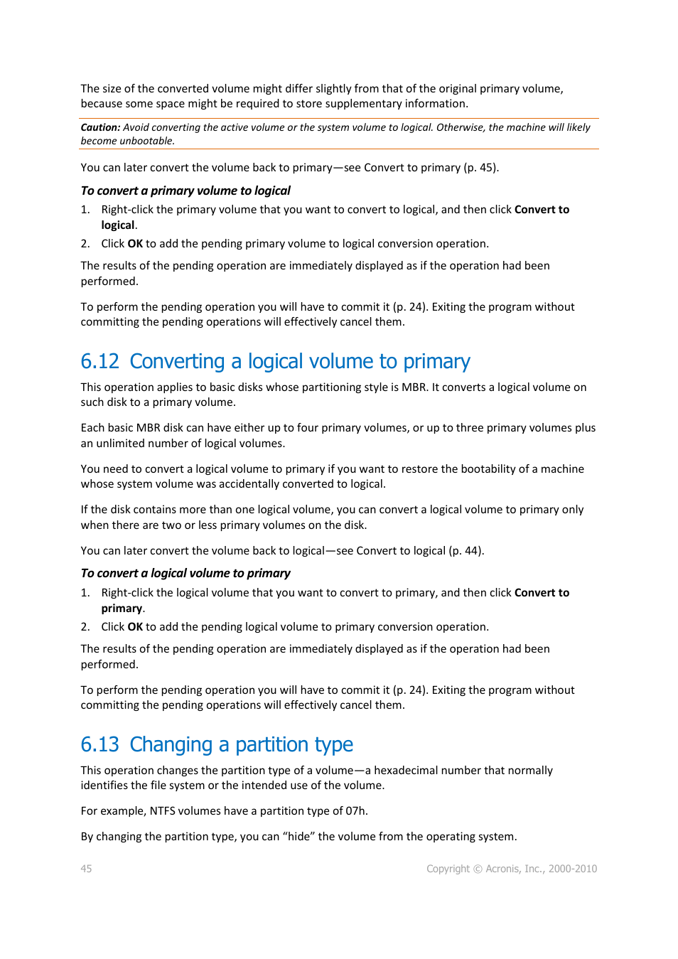 12 converting a logical volume to primary, 13 changing a partition type | Acronis Disk Director 11 Advanced Server - User Guide User Manual | Page 45 / 95