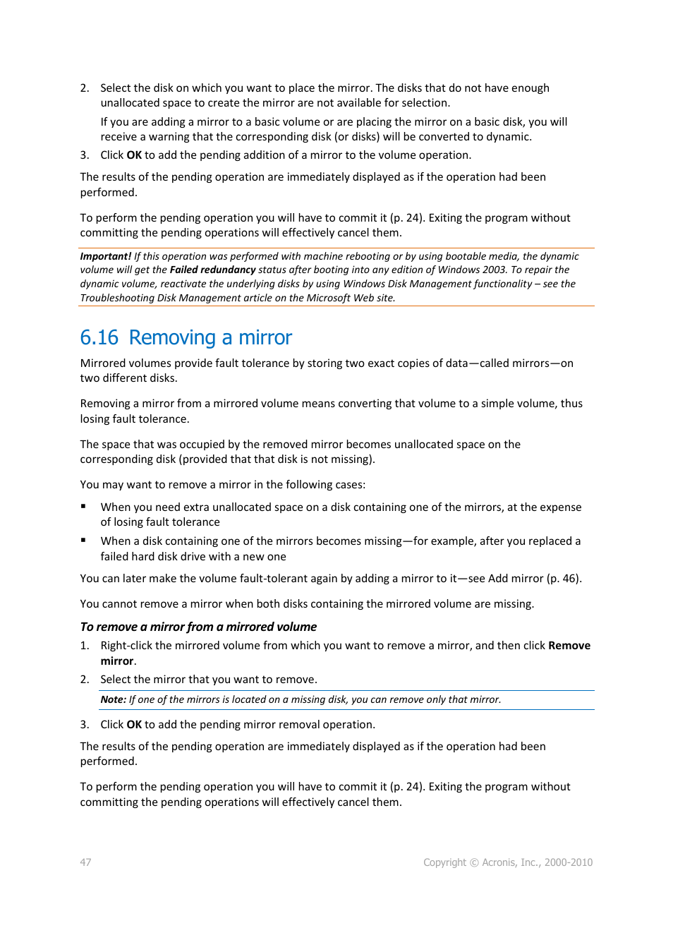 16 removing a mirror, Removing a mirror | Acronis Disk Director 11 Advanced Server - User Guide User Manual | Page 47 / 95