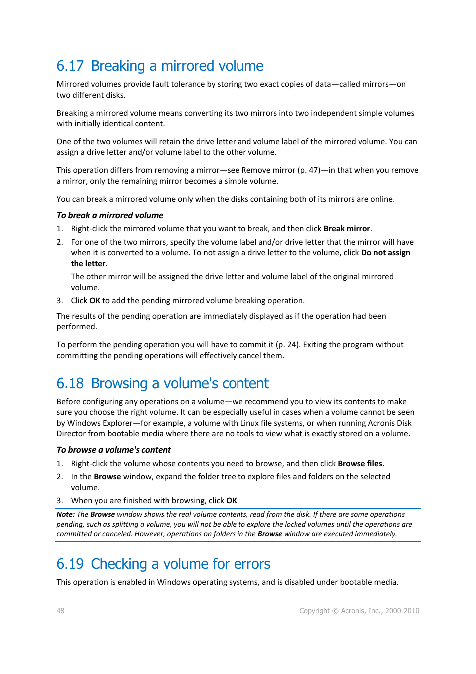 17 breaking a mirrored volume, 18 browsing a volume's content, 19 checking a volume for errors | P. 48), Breaking a mirrored volume, Browsing a volume's content, Checking a volume for errors | Acronis Disk Director 11 Advanced Server - User Guide User Manual | Page 48 / 95