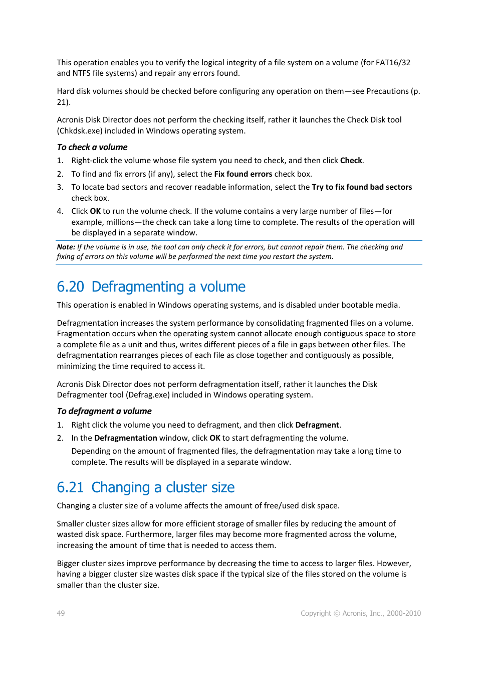 20 defragmenting a volume, 21 changing a cluster size, Defragmenting a volume | Changing a cluster size | Acronis Disk Director 11 Advanced Server - User Guide User Manual | Page 49 / 95