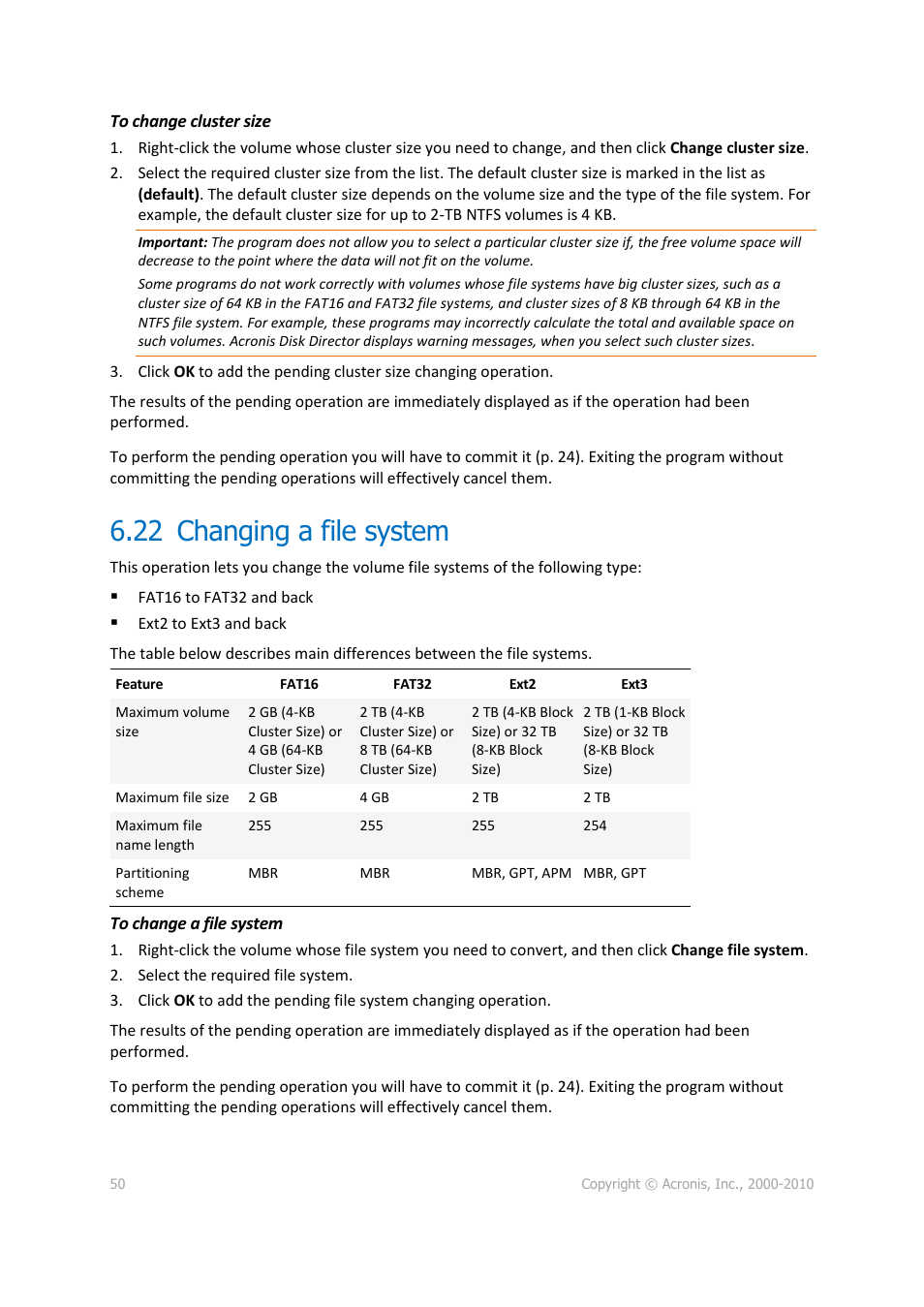 22 changing a file system, Changing a file system | Acronis Disk Director 11 Advanced Server - User Guide User Manual | Page 50 / 95
