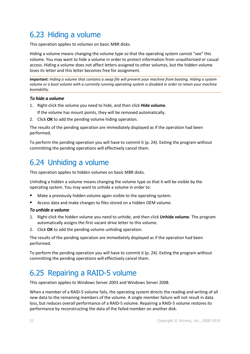 23 hiding a volume, 24 unhiding a volume, 25 repairing a raid-5 volume | P. 51), Hiding a volume, Unhiding a volume, Repairing a raid-5 volume | Acronis Disk Director 11 Advanced Server - User Guide User Manual | Page 51 / 95