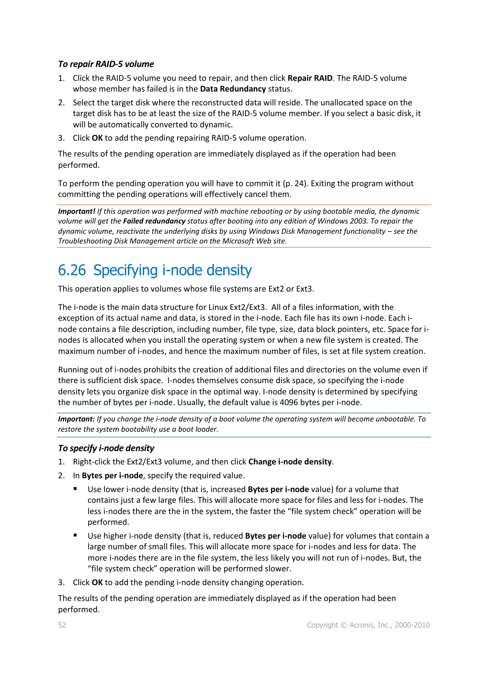 26 specifying i-node density, Specifying i-node density | Acronis Disk Director 11 Advanced Server - User Guide User Manual | Page 52 / 95