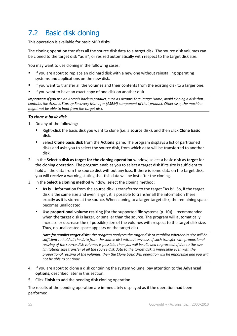 2 basic disk cloning, Basic disk cloning, 55). af | Acronis Disk Director 11 Advanced Server - User Guide User Manual | Page 55 / 95