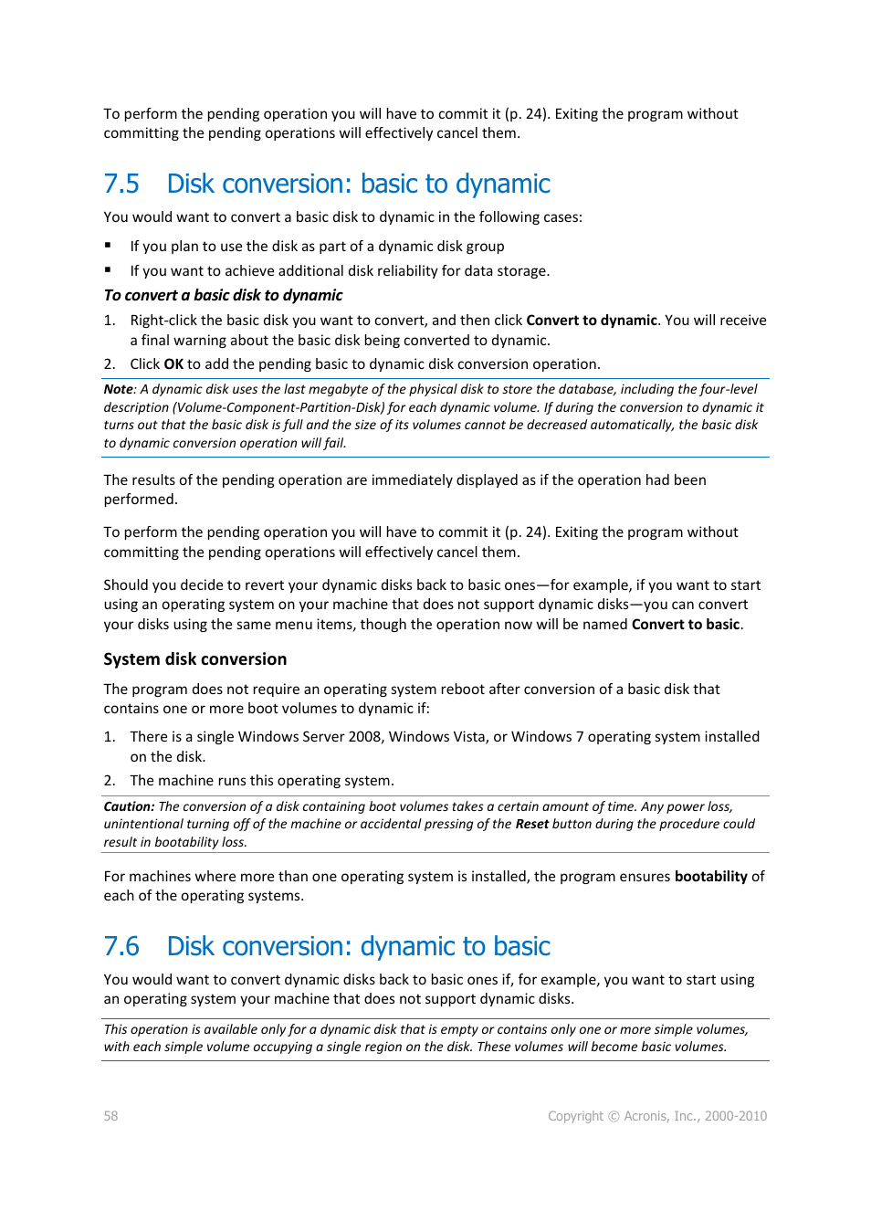 5 disk conversion: basic to dynamic, 6 disk conversion: dynamic to basic, Disk conversion: basic to dynamic | Disk conversion: dynamic to basic, P. 58) | Acronis Disk Director 11 Advanced Server - User Guide User Manual | Page 58 / 95