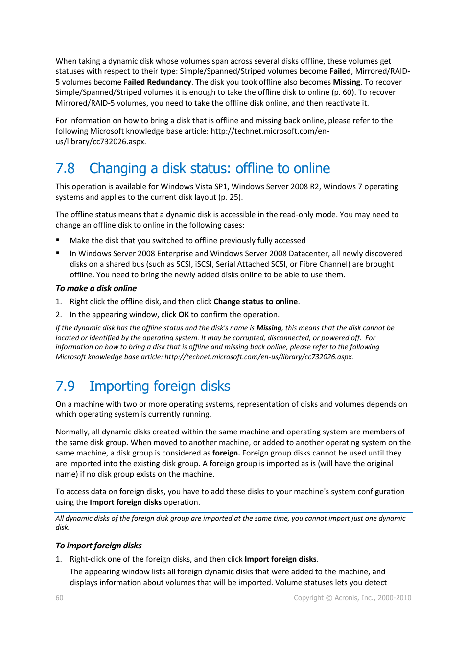 8 changing a disk status: offline to online, 9 importing foreign disks, Changing a disk status: offline to online | Importing foreign disks, P. 60) | Acronis Disk Director 11 Advanced Server - User Guide User Manual | Page 60 / 95