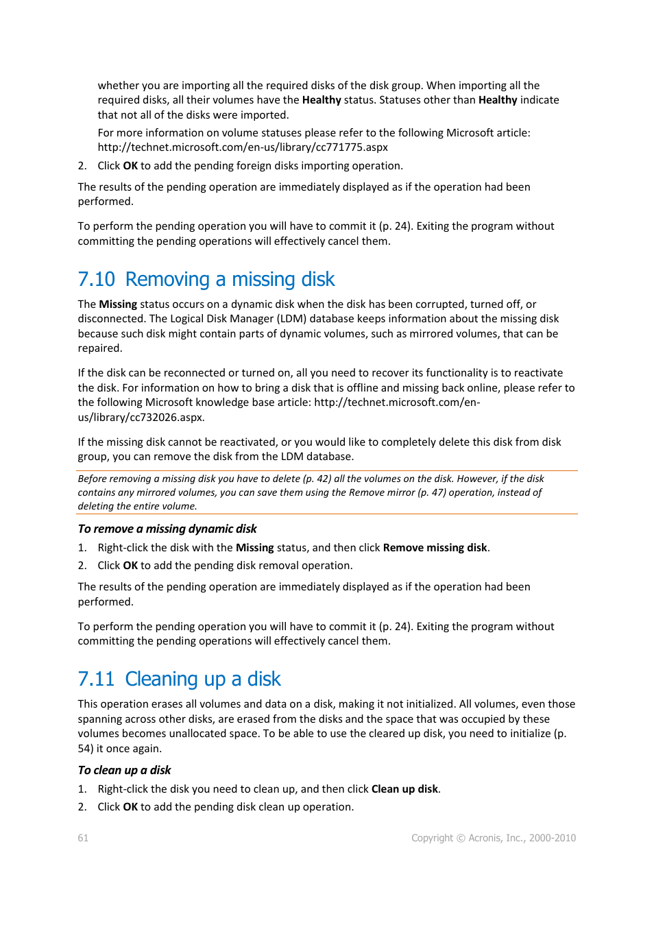 10 removing a missing disk, 11 cleaning up a disk, Removing a missing disk | Cleaning up a disk | Acronis Disk Director 11 Advanced Server - User Guide User Manual | Page 61 / 95