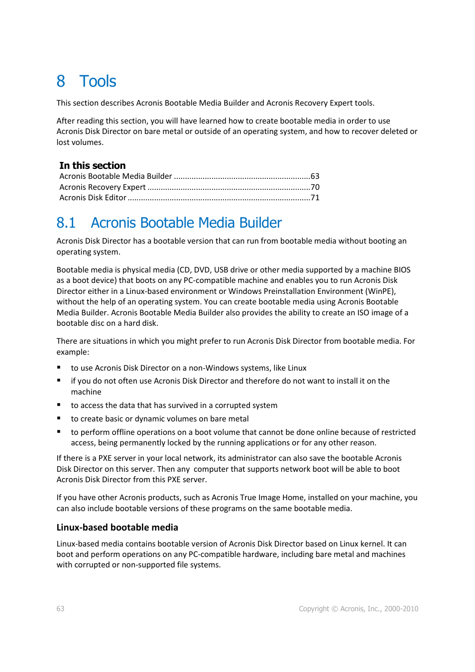 8 tools, 1 acronis bootable media builder, Tools | Acronis bootable media builder, P. 63) | Acronis Disk Director 11 Advanced Server - User Guide User Manual | Page 63 / 95