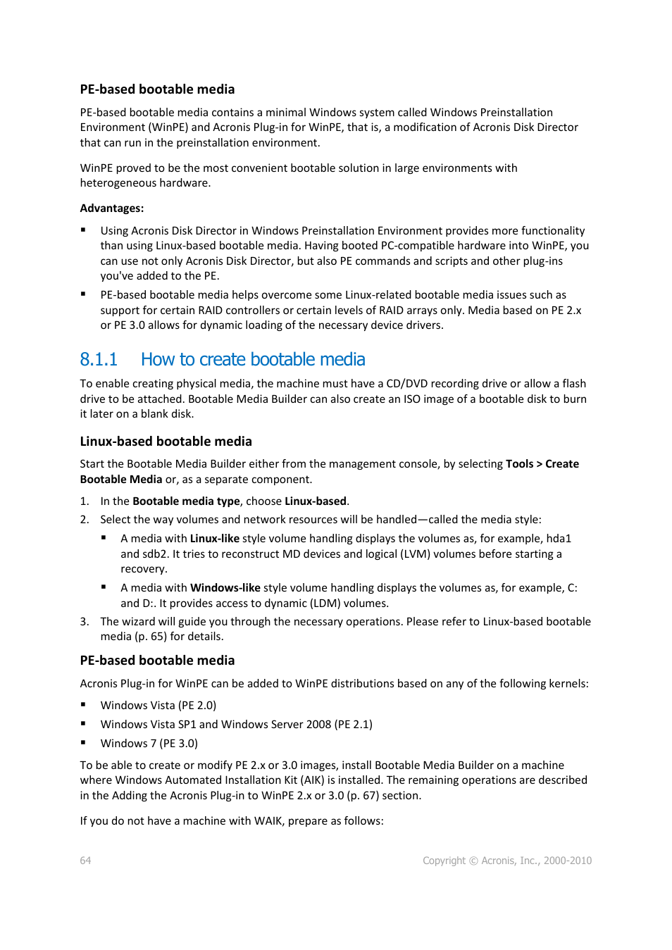 1 how to create bootable media, How to create bootable media, P. 64) | Acronis Disk Director 11 Advanced Server - User Guide User Manual | Page 64 / 95