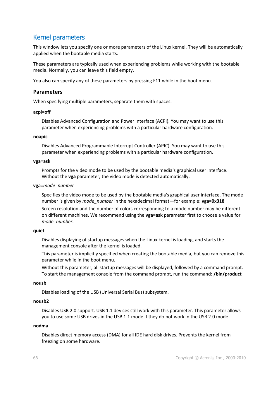Kernel parameters | Acronis Disk Director 11 Advanced Server - User Guide User Manual | Page 66 / 95