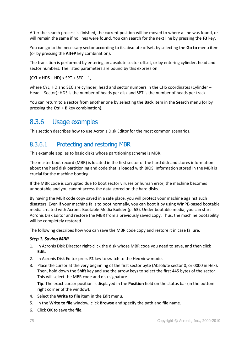 6 usage examples, 1 protecting and restoring mbr, Usage examples | Acronis Disk Director 11 Advanced Server - User Guide User Manual | Page 75 / 95