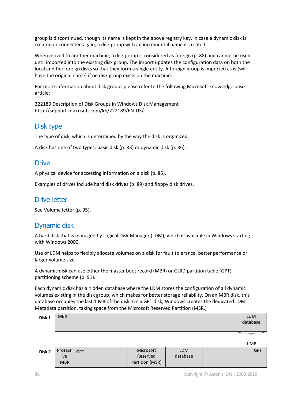 Disk type, Drive, Drive letter | Dynamic disk, P. 86) | Acronis Disk Director 11 Advanced Server - User Guide User Manual | Page 86 / 95