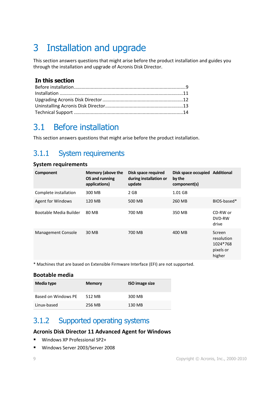 3 installation and upgrade, 1 before installation, 1 system requirements | 2 supported operating systems, Installation and upgrade, Before installation, System requirements, Supported operating systems, Bootable media | Acronis Disk Director 11 Advanced Server - User Guide User Manual | Page 9 / 95