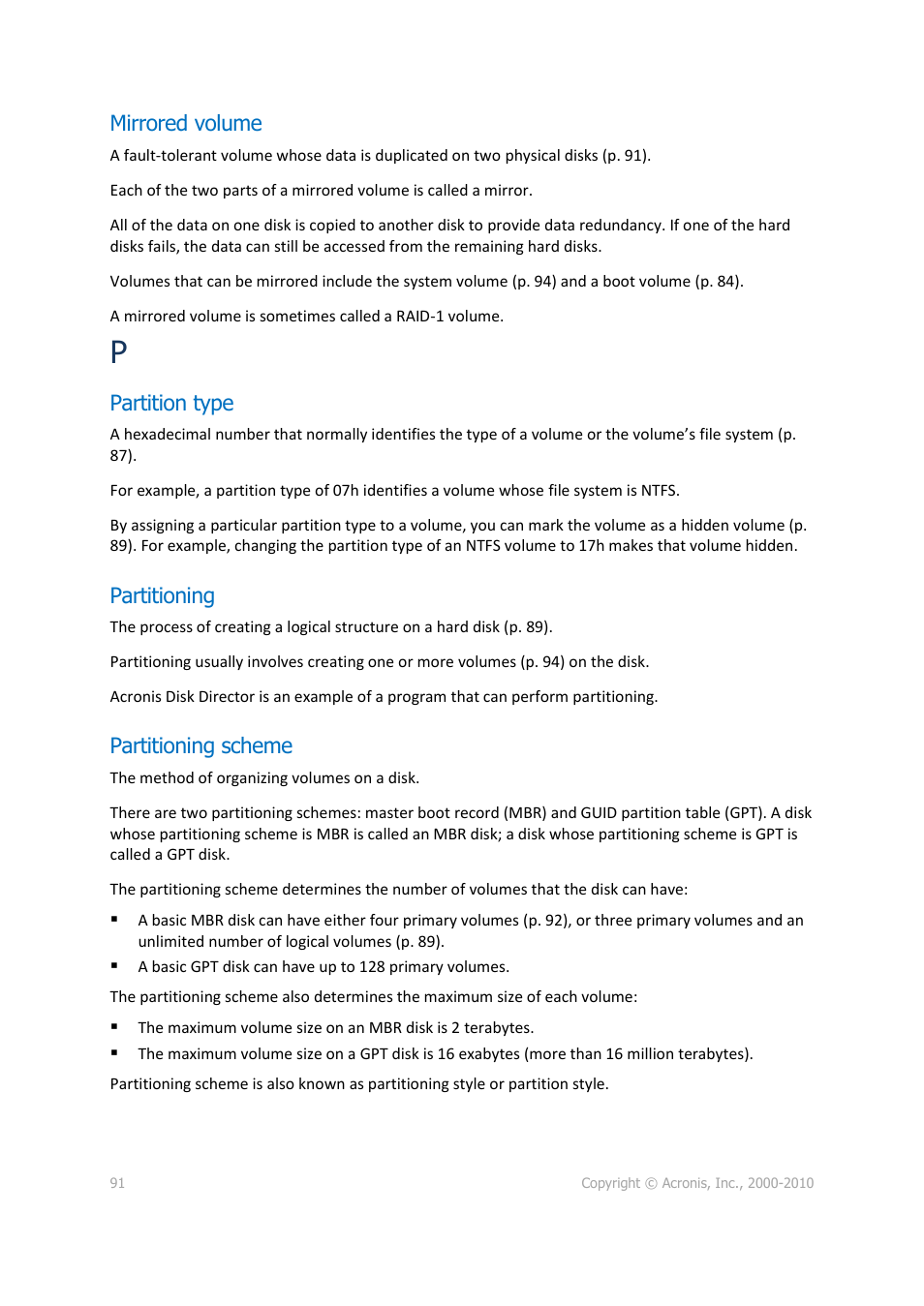 Mirrored volume, Partition type, Partitioning | Partitioning scheme, P. 91), 91). it | Acronis Disk Director 11 Advanced Server - User Guide User Manual | Page 91 / 95