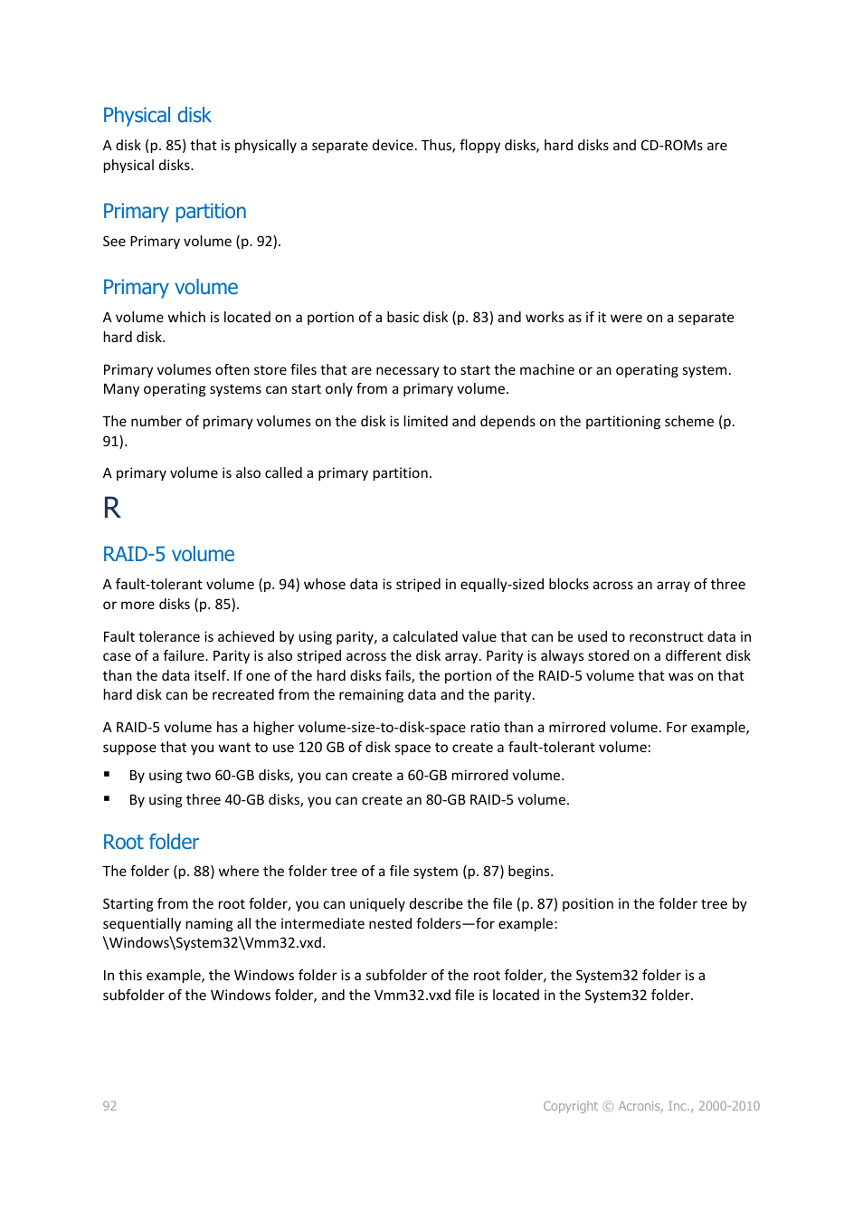 Physical disk, Primary partition, Primary volume | Raid-5 volume, Root folder, P. 92) | Acronis Disk Director 11 Advanced Server - User Guide User Manual | Page 92 / 95