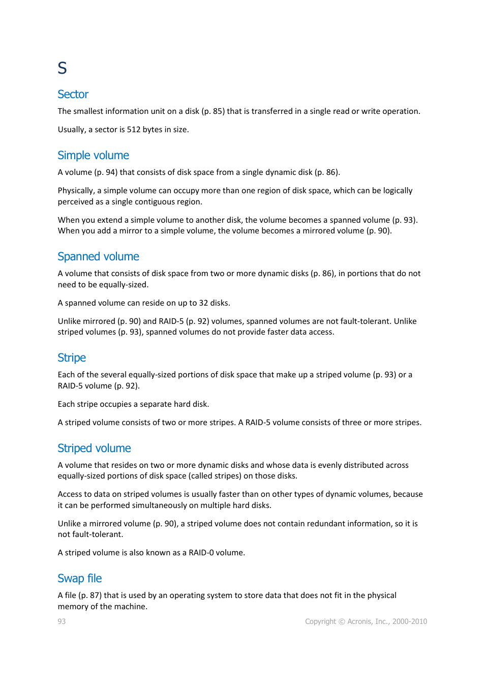 Sector, Simple volume, Spanned volume | Stripe, Striped volume, Swap file, P. 93) | Acronis Disk Director 11 Advanced Server - User Guide User Manual | Page 93 / 95