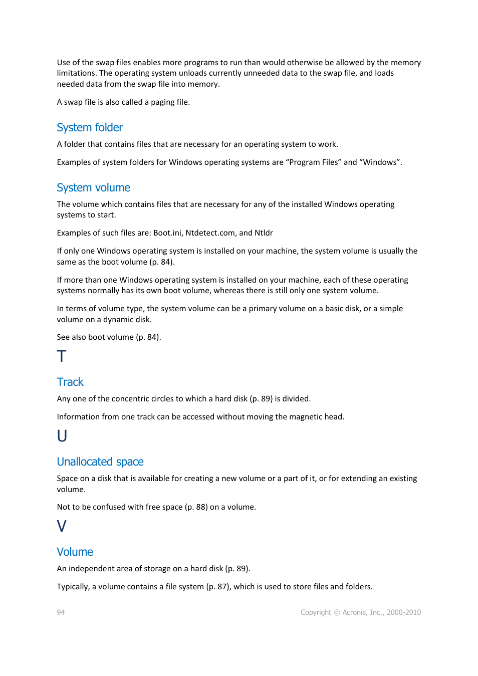 System folder, System volume, Track | Unallocated space, Volume, P. 94) | Acronis Disk Director 11 Advanced Server - User Guide User Manual | Page 94 / 95