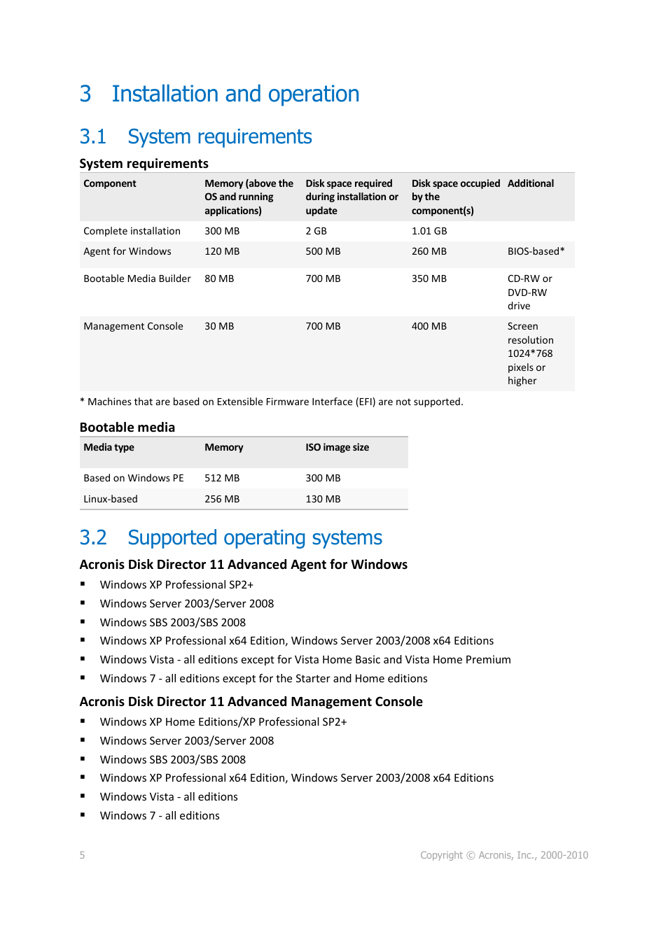 3 installation and operation, 1 system requirements, 2 supported operating systems | Acronis Disk Director 11 Advanced Server - Quick Start Guide User Manual | Page 5 / 9