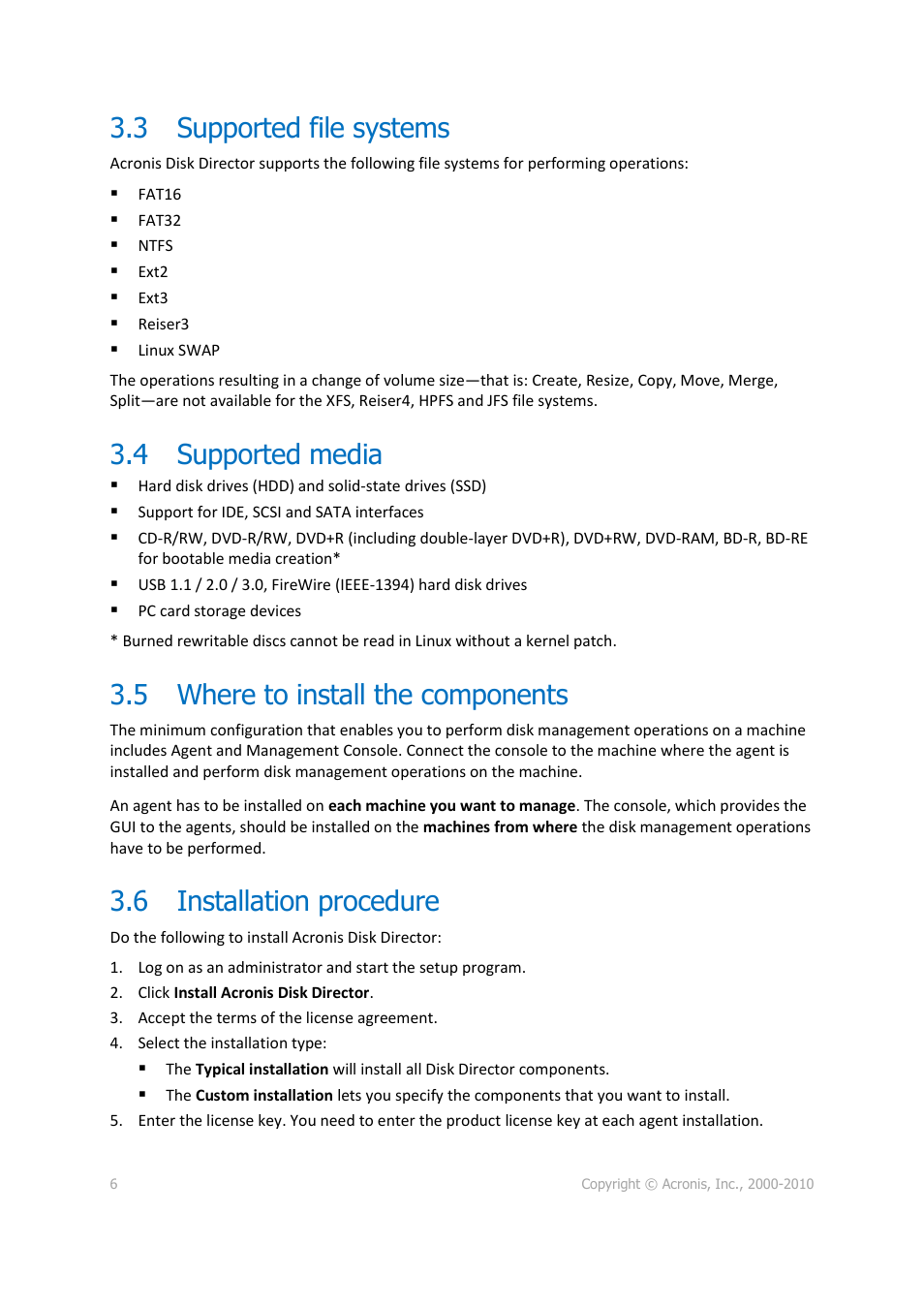 3 supported file systems, 4 supported media, 5 where to install the components | 6 installation procedure | Acronis Disk Director 11 Advanced Server - Quick Start Guide User Manual | Page 6 / 9