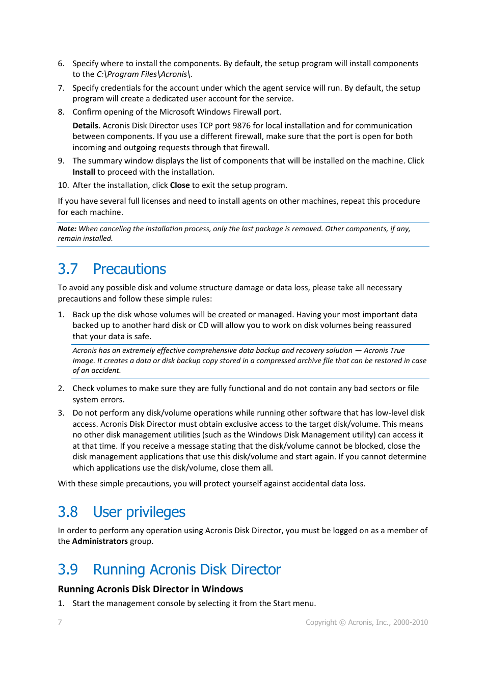 7 precautions, 8 user privileges, 9 running acronis disk director | Acronis Disk Director 11 Advanced Server - Quick Start Guide User Manual | Page 7 / 9