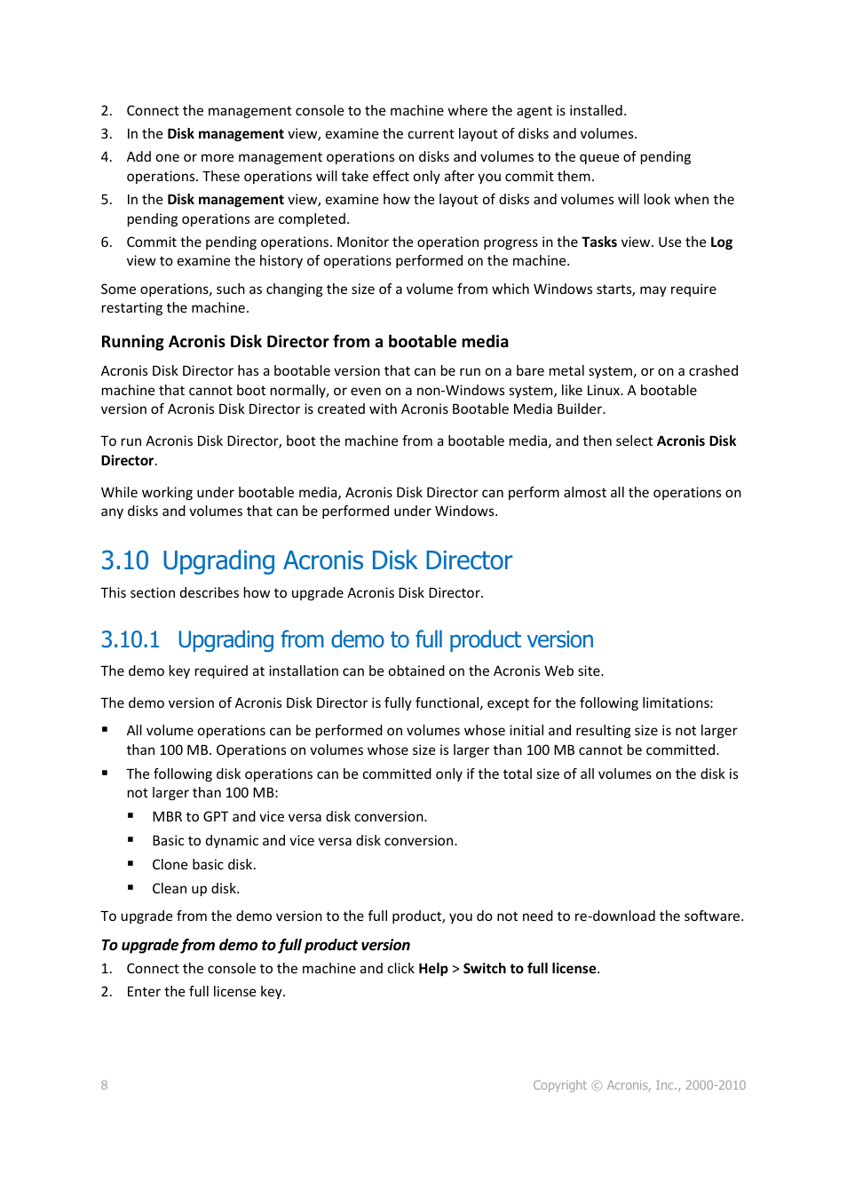 10 upgrading acronis disk director, 1 upgrading from demo to full product version | Acronis Disk Director 11 Advanced Server - Quick Start Guide User Manual | Page 8 / 9