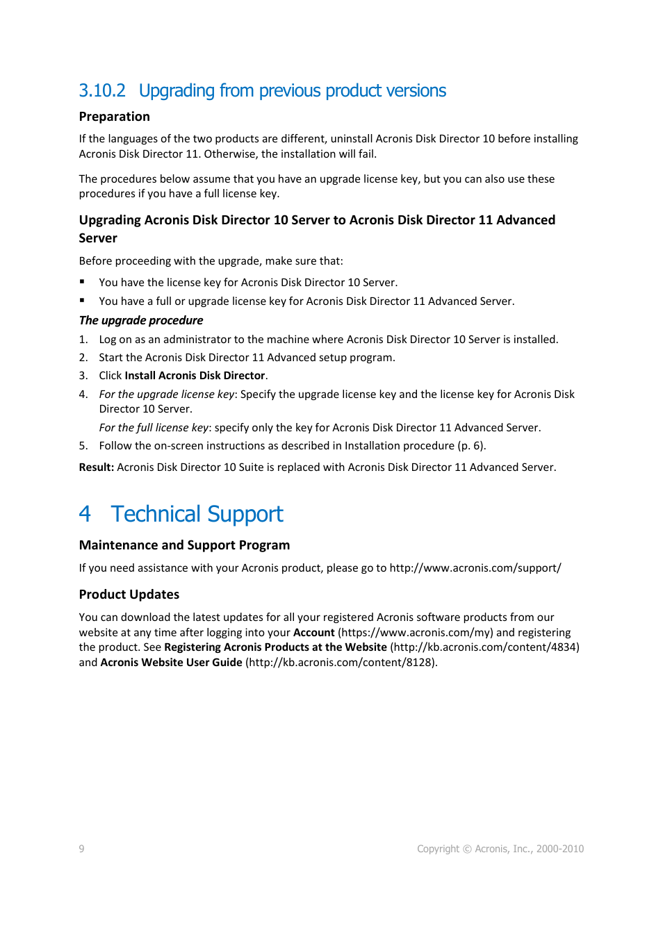 2 upgrading from previous product versions, 4 technical support | Acronis Disk Director 11 Advanced Server - Quick Start Guide User Manual | Page 9 / 9