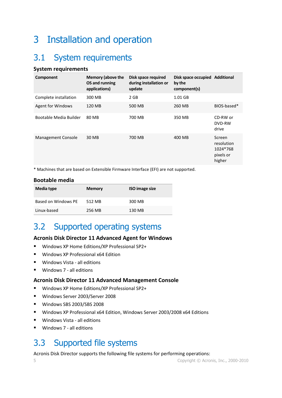 3 installation and operation, 1 system requirements, 2 supported operating systems | 3 supported file systems | Acronis Disk Director 11 Advanced Workstation - Quick Start Guide User Manual | Page 5 / 9