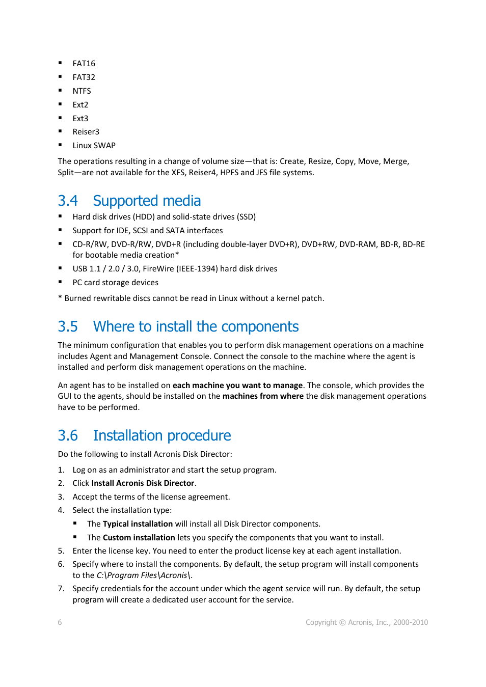 4 supported media, 5 where to install the components, 6 installation procedure | Acronis Disk Director 11 Advanced Workstation - Quick Start Guide User Manual | Page 6 / 9