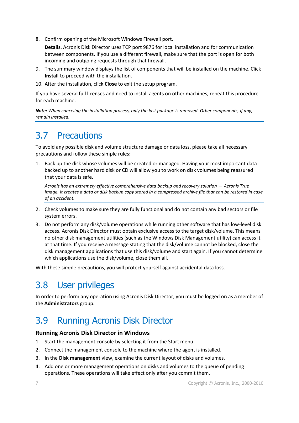 7 precautions, 8 user privileges, 9 running acronis disk director | Acronis Disk Director 11 Advanced Workstation - Quick Start Guide User Manual | Page 7 / 9
