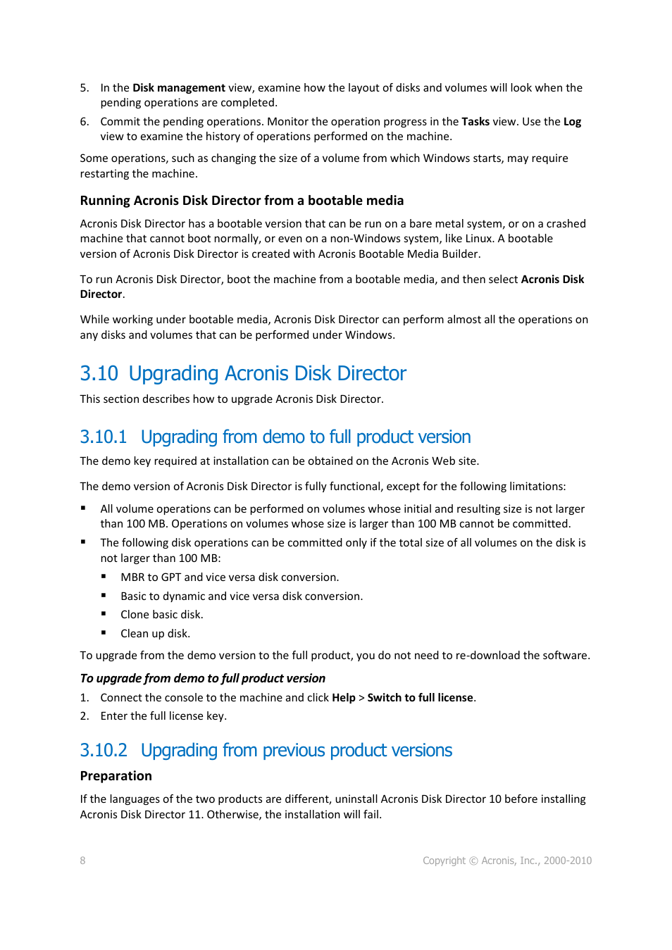 10 upgrading acronis disk director, 1 upgrading from demo to full product version, 2 upgrading from previous product versions | Acronis Disk Director 11 Advanced Workstation - Quick Start Guide User Manual | Page 8 / 9