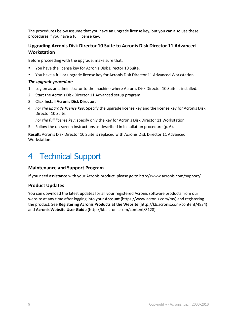 4 technical support | Acronis Disk Director 11 Advanced Workstation - Quick Start Guide User Manual | Page 9 / 9