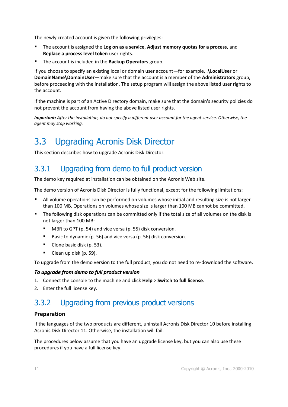 3 upgrading acronis disk director, 1 upgrading from demo to full product version, 2 upgrading from previous product versions | Upgrading acronis disk director, Upgrading from demo to full product version, Upgrading from previous product versions | Acronis Disk Director 11 Advanced Workstation - User Guide User Manual | Page 11 / 92