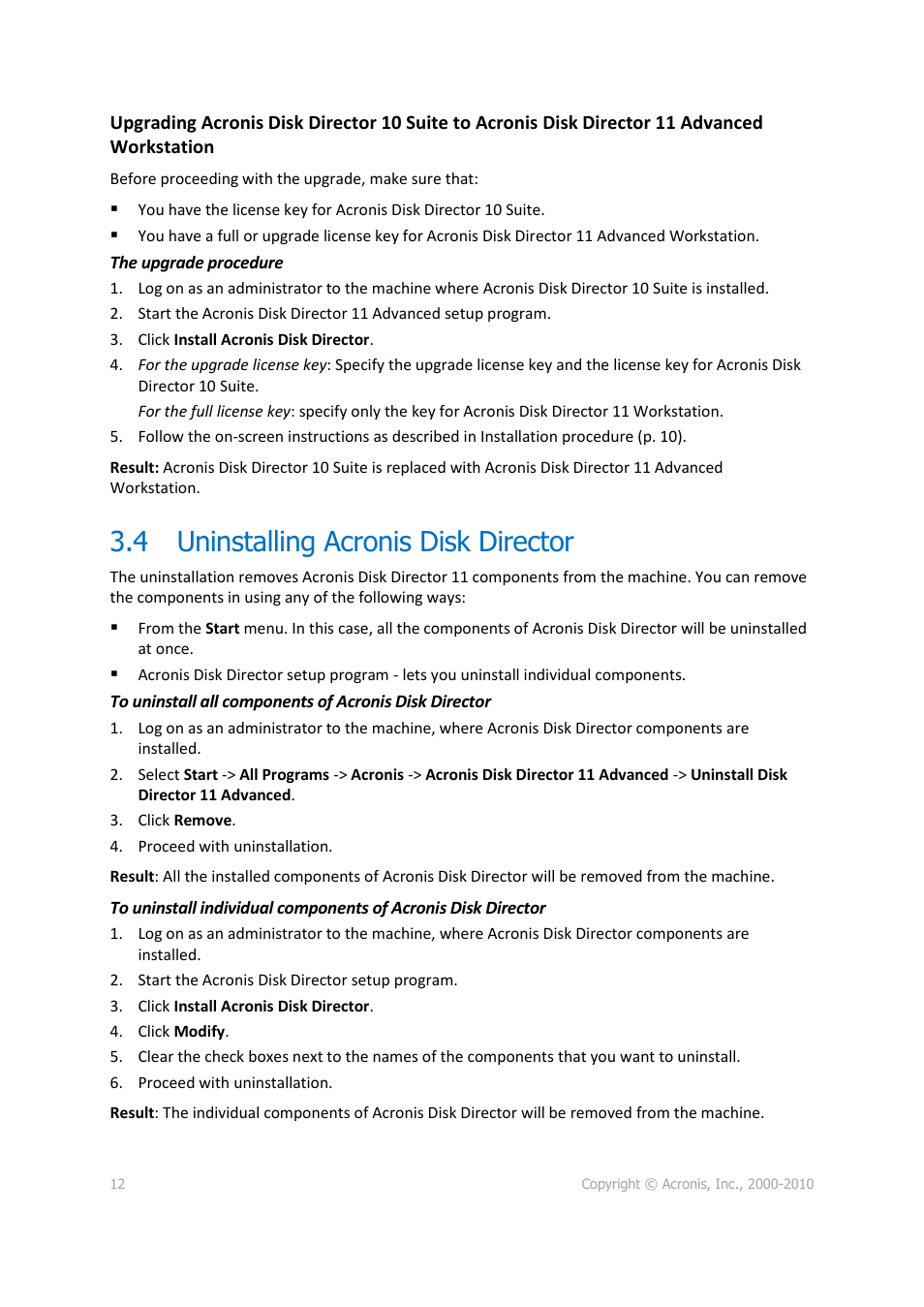 4 uninstalling acronis disk director, Uninstalling acronis disk director | Acronis Disk Director 11 Advanced Workstation - User Guide User Manual | Page 12 / 92