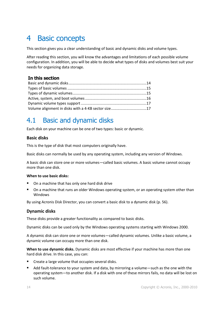 4 basic concepts, 1 basic and dynamic disks, Basic concepts | Basic and dynamic disks | Acronis Disk Director 11 Advanced Workstation - User Guide User Manual | Page 14 / 92