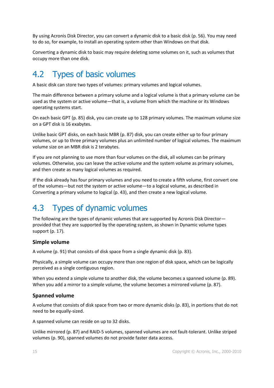 2 types of basic volumes, 3 types of dynamic volumes, Types of basic volumes | Types of dynamic volumes | Acronis Disk Director 11 Advanced Workstation - User Guide User Manual | Page 15 / 92