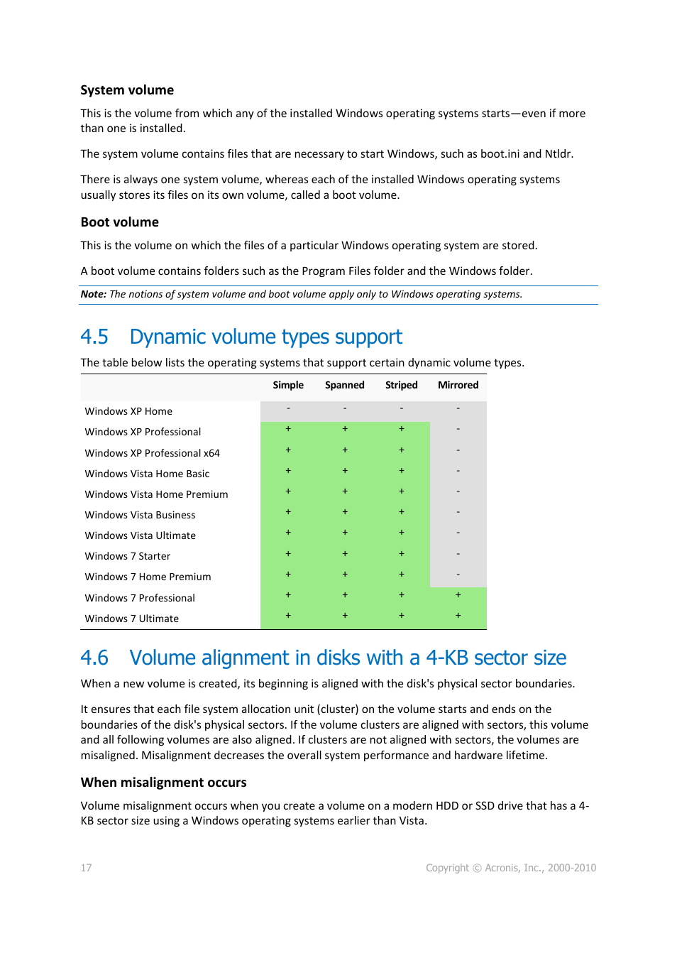 5 dynamic volume types support, Dynamic volume types support, Volume alignment in disks with a 4-kb sector size | P. 17), System volume, Boot volume, When misalignment occurs | Acronis Disk Director 11 Advanced Workstation - User Guide User Manual | Page 17 / 92