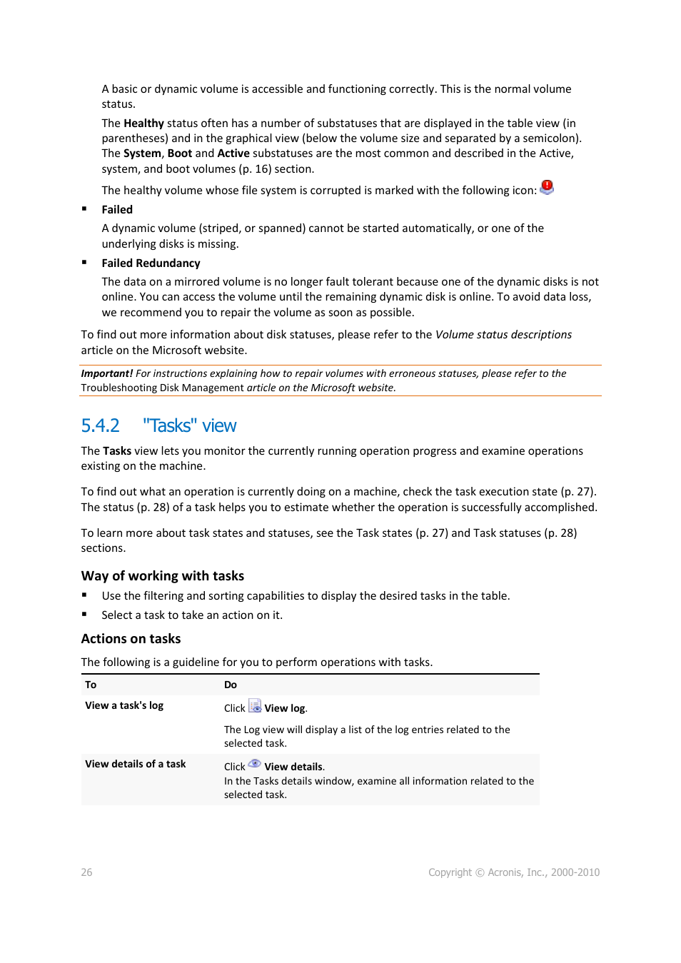 2 "tasks" view, Tasks" view | Acronis Disk Director 11 Advanced Workstation - User Guide User Manual | Page 26 / 92