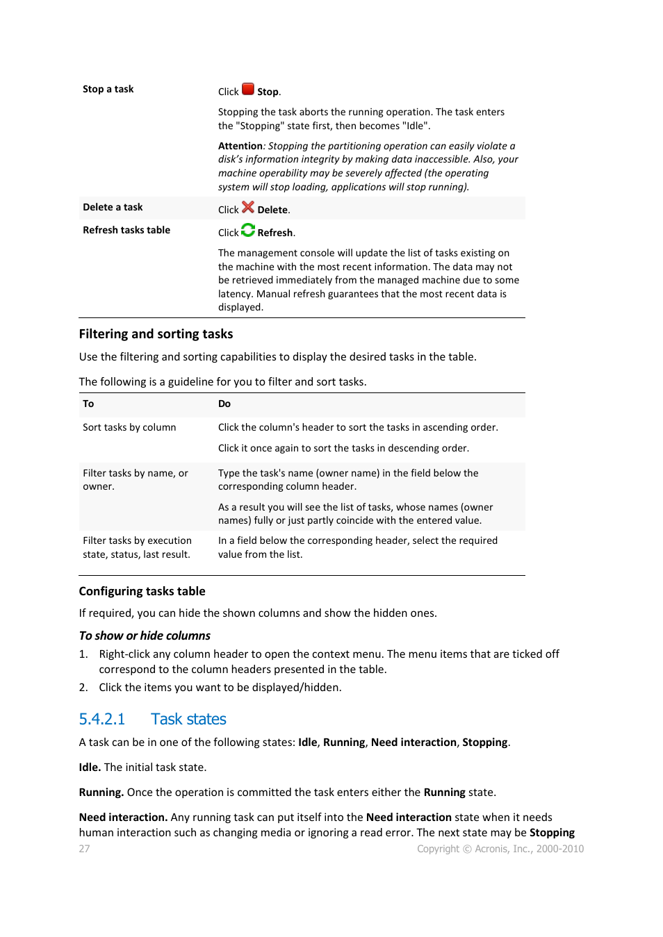 1 task states, P. 27), Filtering and sorting tasks | Acronis Disk Director 11 Advanced Workstation - User Guide User Manual | Page 27 / 92